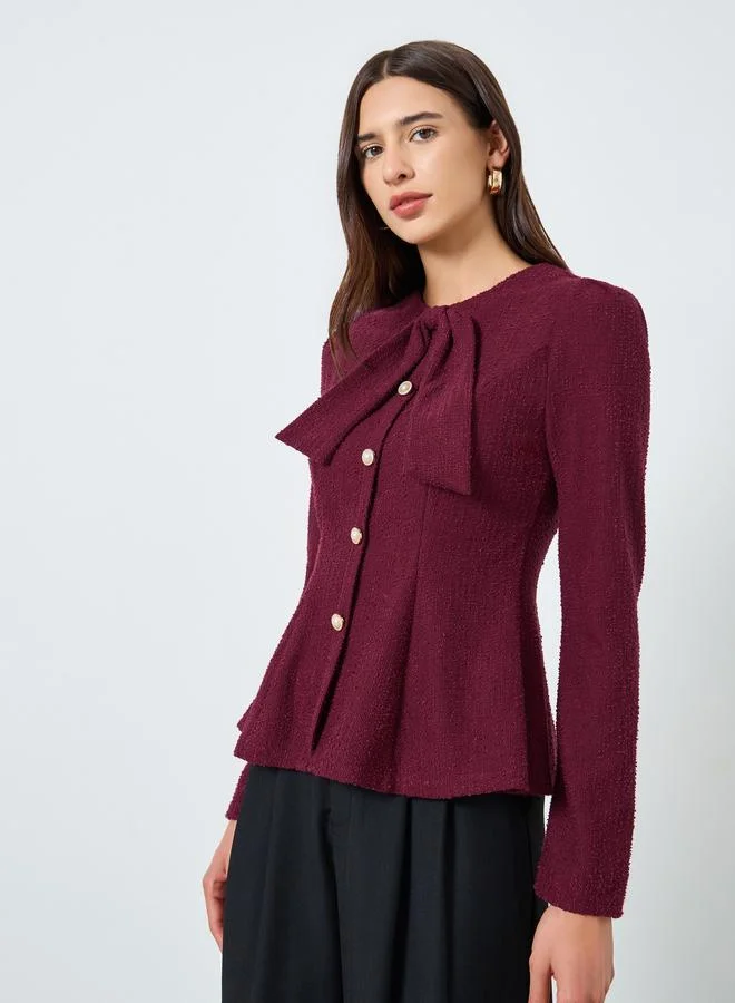 Take Two Textured Tie-Up Button Front Long Sleeve Top